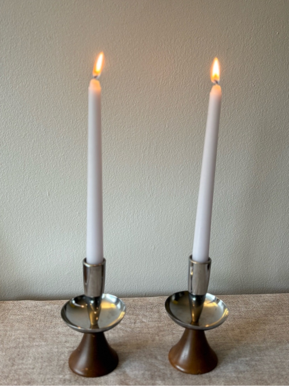 Vintage Mid Century Modern Pair of Wood & Silver Tone CandleHolders